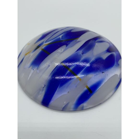 Cobalt Blue White Mottle Art Glass Trinket Dish Bowl 1” x 4" With Yellow Accent - Picture 6 of 9